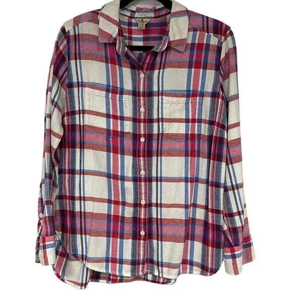 WOOLRICH Women’s Flannel Button Shirt XL Red Blue Plaid Soft Long Sleeve Pockets - Picture 1 of 8